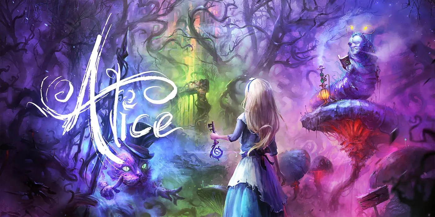 Alice VR escape room art: a girl in a glowing purple Wonderland forest
