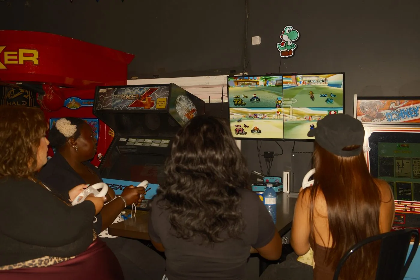 Friends racing each other on Mario Kart