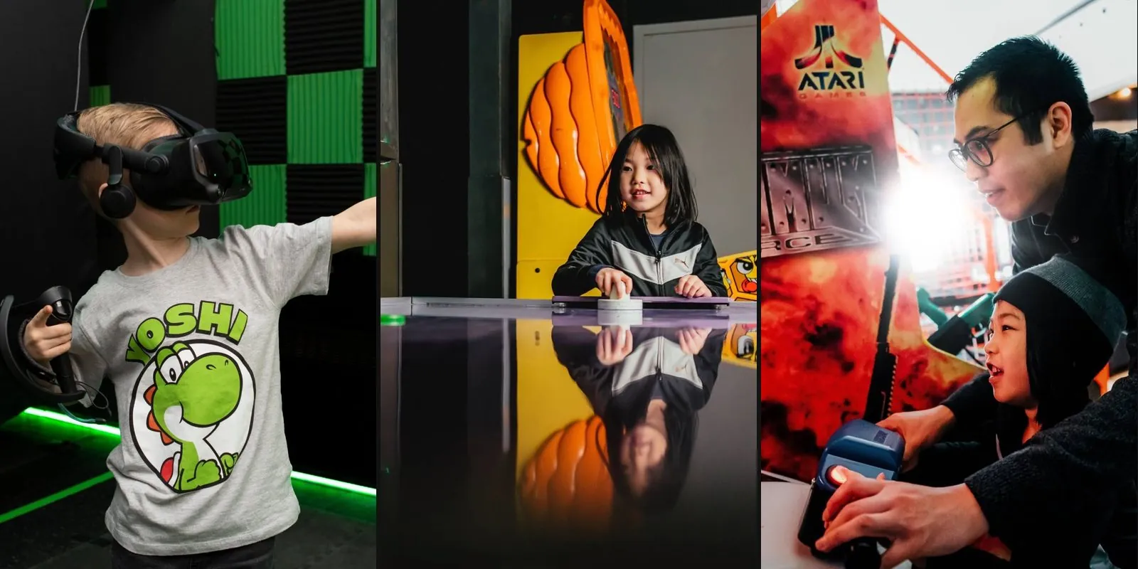 Kids at a party: one in a VR headset, one at air hockey, one at an arcade cabinet with their dad